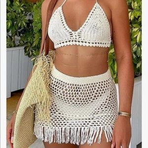 New Crochet Knit 2 Piece Swimsuit Bikini Cover Up Set